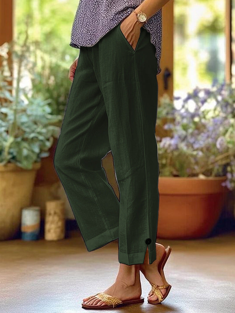 Wren | Womens Cotton Linen Elastic Waist Cropped Trousers Pants - Olive Green