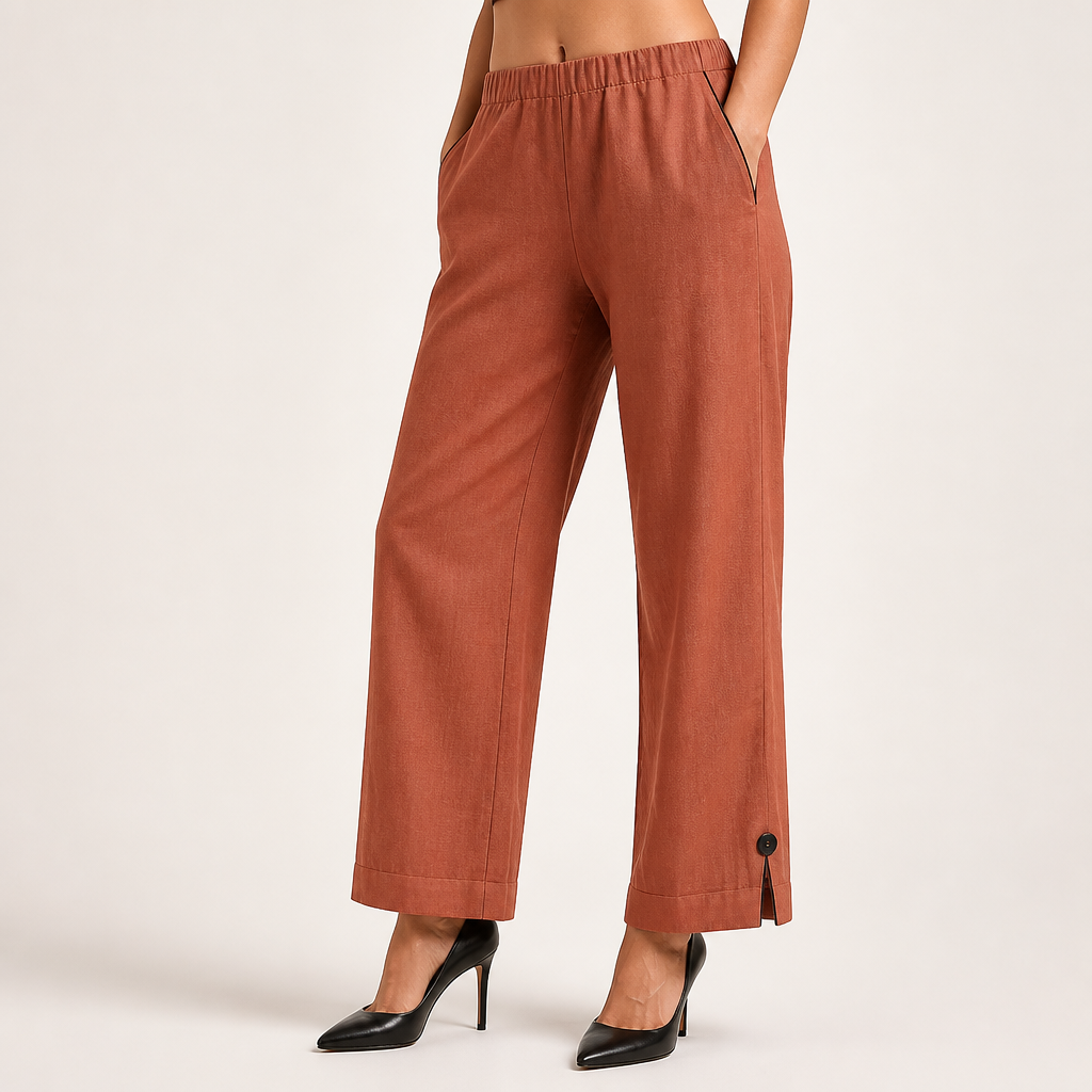 Wren | Womens Cotton Linen Elastic Waist Cropped Trousers Pants, Orange