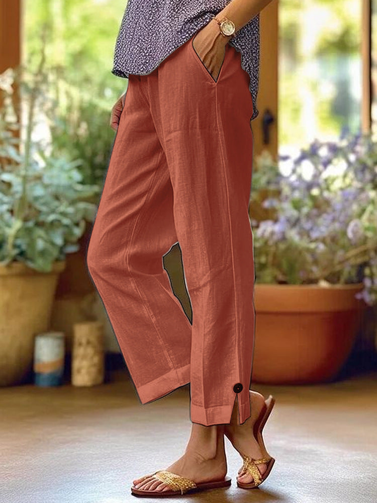 Wren | Womens Cotton Linen Elastic Waist Cropped Trousers Pants - Orange
