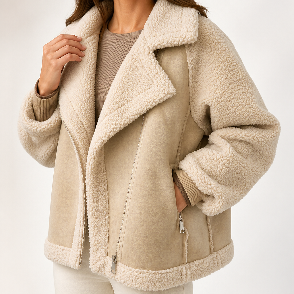 Wren | Womens Suede Sherpa Biker Cropped Winter Autumn Wool Jacket, Apricot