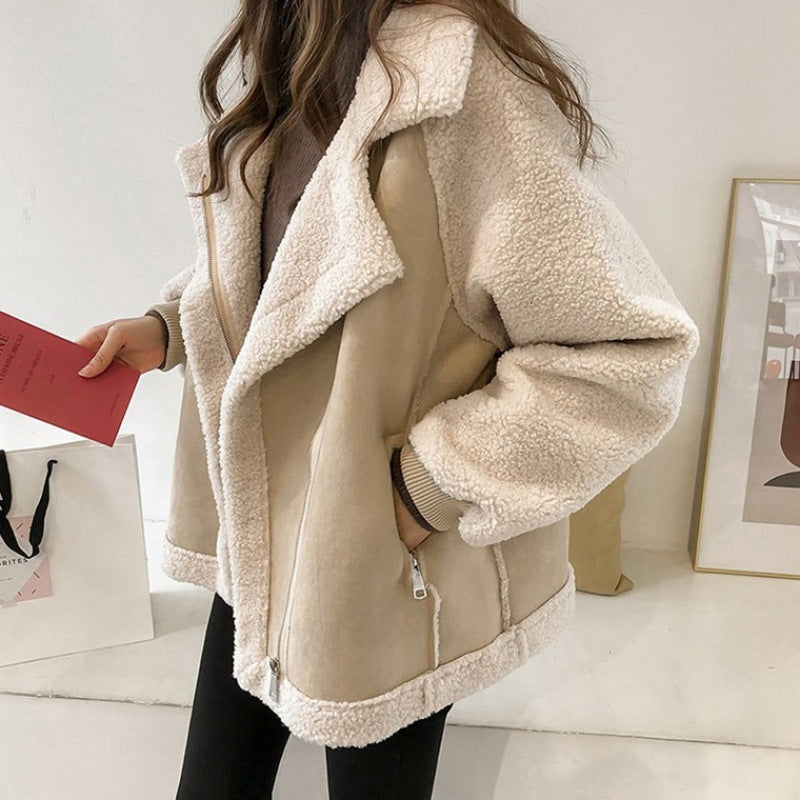 Wren | Womens Sherpa Suede Biker Winter Autumn Cropped Soft Shell Wool Jacket - Apricot