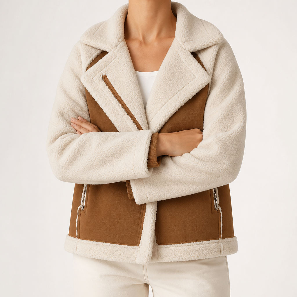 Wren | Womens Suede Sherpa Biker Cropped Winter Autumn Wool Jacket, Khaki