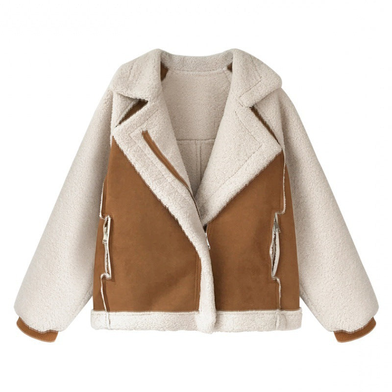 Wren | Womens Sherpa Suede Biker Winter Autumn Cropped Soft Shell Wool Jacket - Khaki