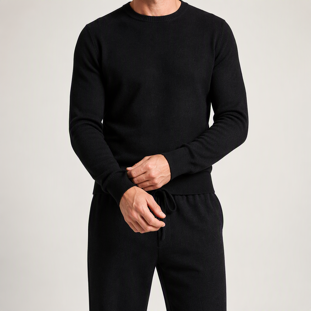 Wystan | Mens Knitted Jumper Pullover Crew Neck Warm Winter Sweater, Black