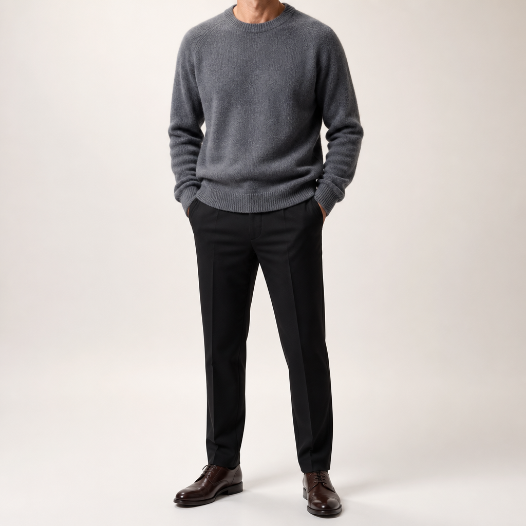 Wystan | Mens Knitted Jumper Pullover Crew Neck Warm Winter Sweater, Grey