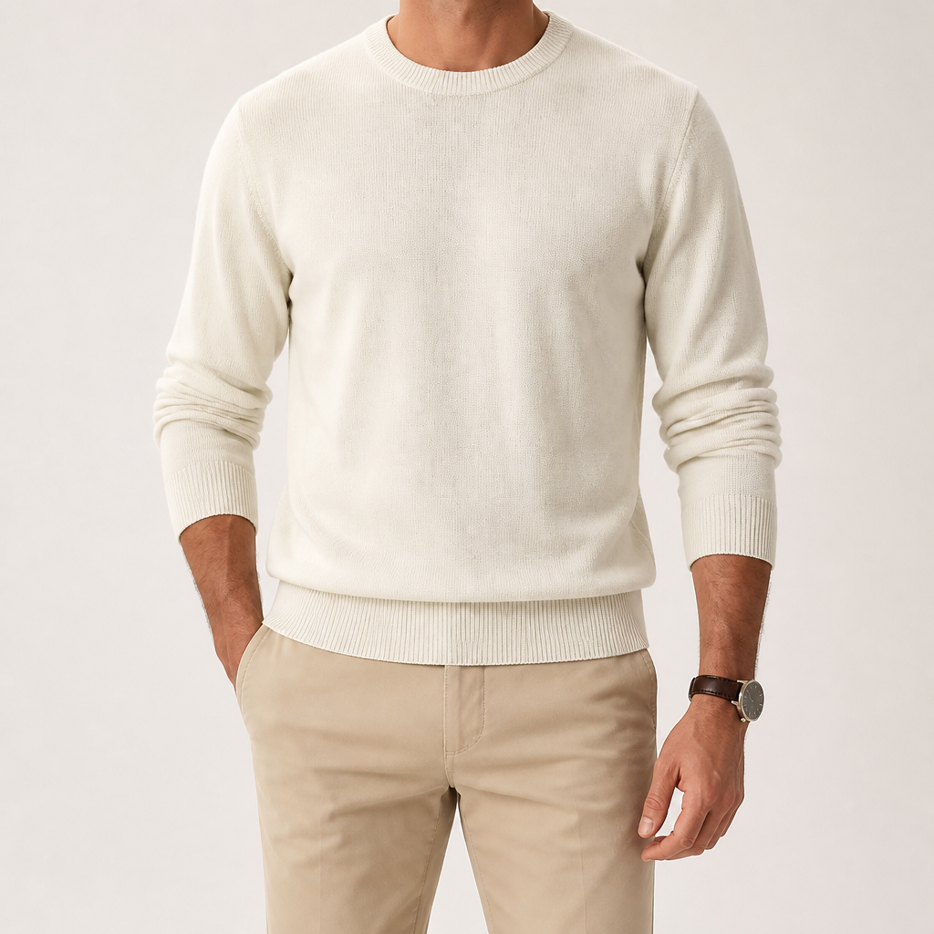 Wystan | Mens Knitted Jumper Pullover Crew Neck Warm Winter Sweater, White