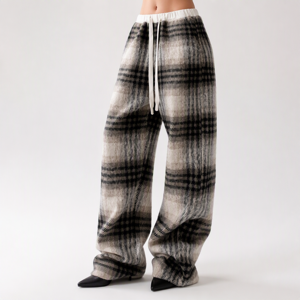 Yannick | Womens Wide Leg Fleece Lined Checked Winter Trousers, Grey