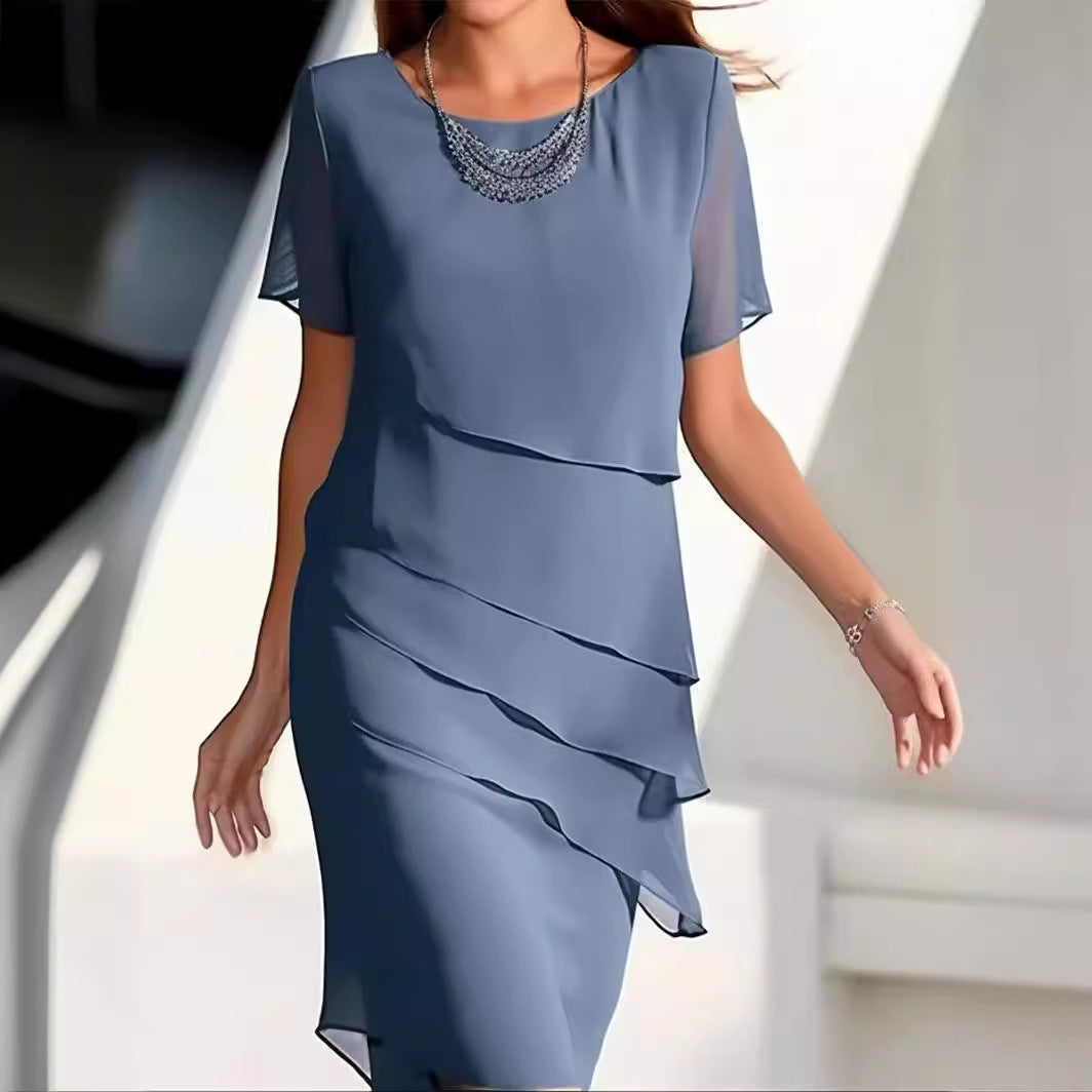 Yara | Womens Chiffon Patchwork Round Neck Short Sleeve Wedding Guest Dresses - 1