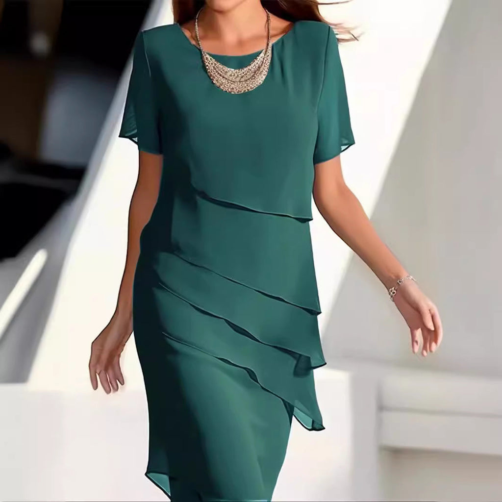 Yara | Womens Chiffon Patchwork Round Neck Short Sleeve Wedding Guest Dresses - 2