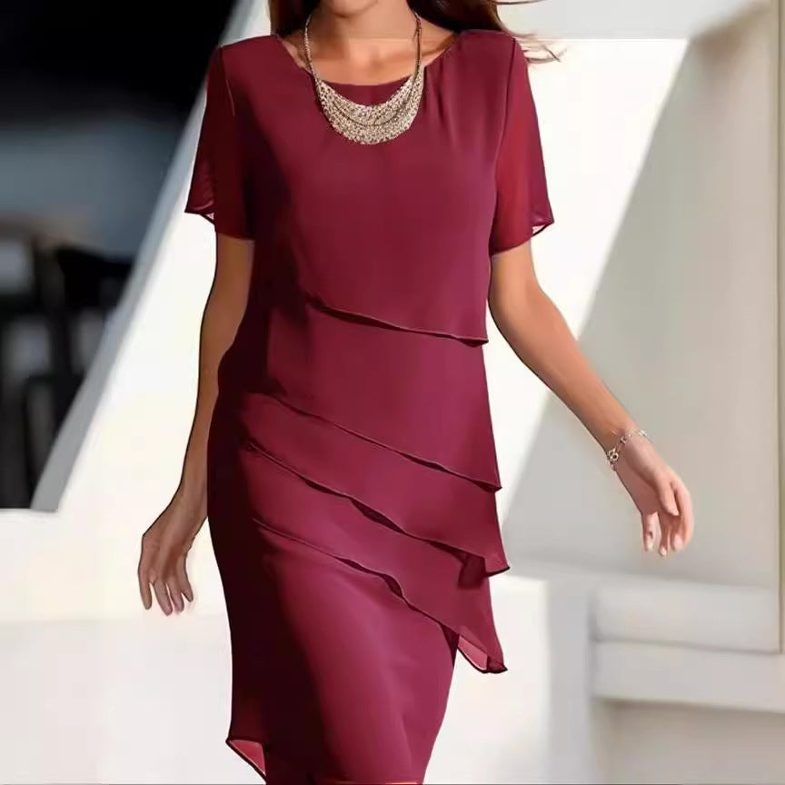 Yara | Womens Chiffon Patchwork Round Neck Short Sleeve Wedding Guest Dresses - 3