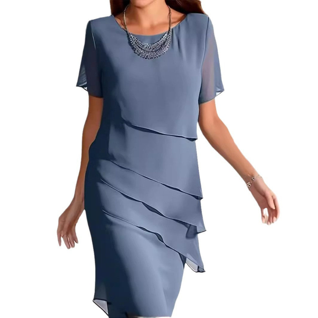 Yara | Womens Chiffon Patchwork Round Neck Short Sleeve Wedding Guest Dresses - 5