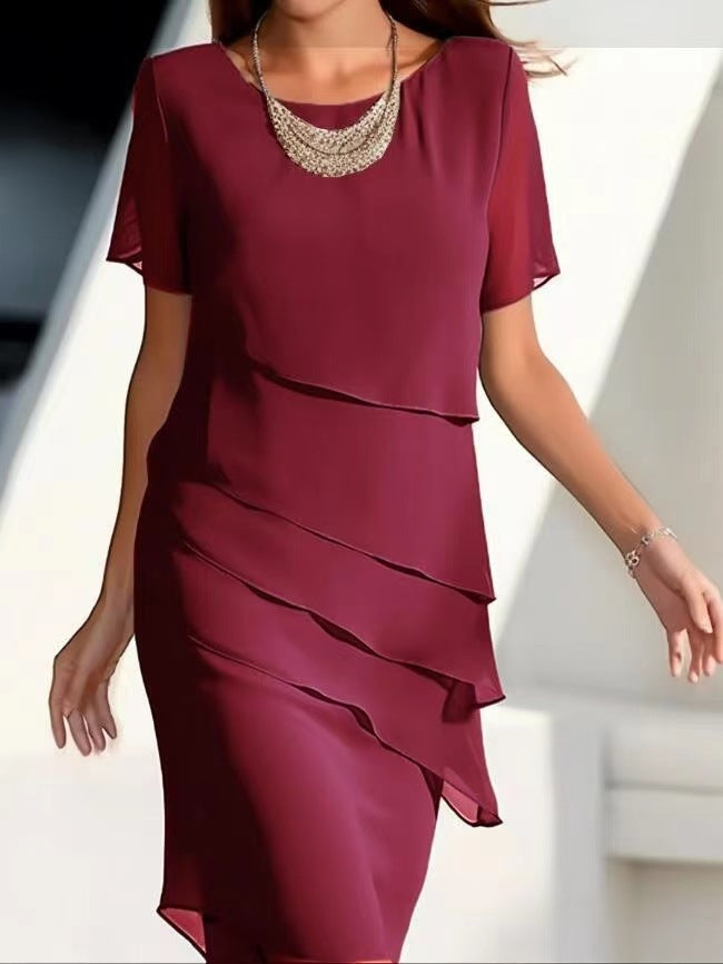 Yara | Womens Chiffon Patchwork Round Neck Short Sleeve Wedding Guest Dresses - 6