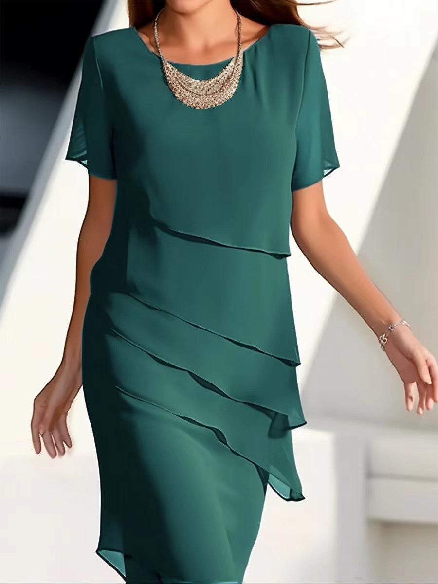 Yara | Womens Chiffon Patchwork Round Neck Short Sleeve Wedding Guest Dresses - 7