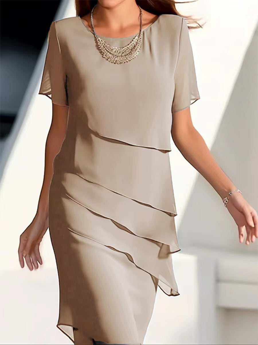Yara | Womens Chiffon Patchwork Round Neck Short Sleeve Wedding Guest Dresses - 8