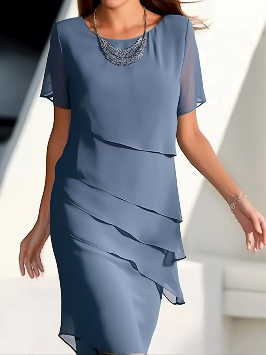 Yara | Womens Chiffon Patchwork Round Neck Short Sleeve Wedding Guest Dresses - 9