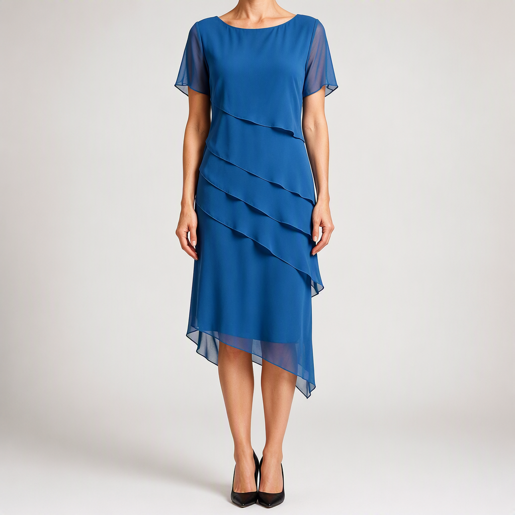 Yara | Womens Wedding Guest Chiffon Round Neck Short Sleeve Dresses, Blue