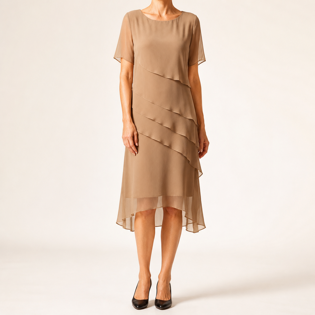 Yara | Womens Wedding Guest Chiffon Round Neck Short Sleeve Dresses, Camel