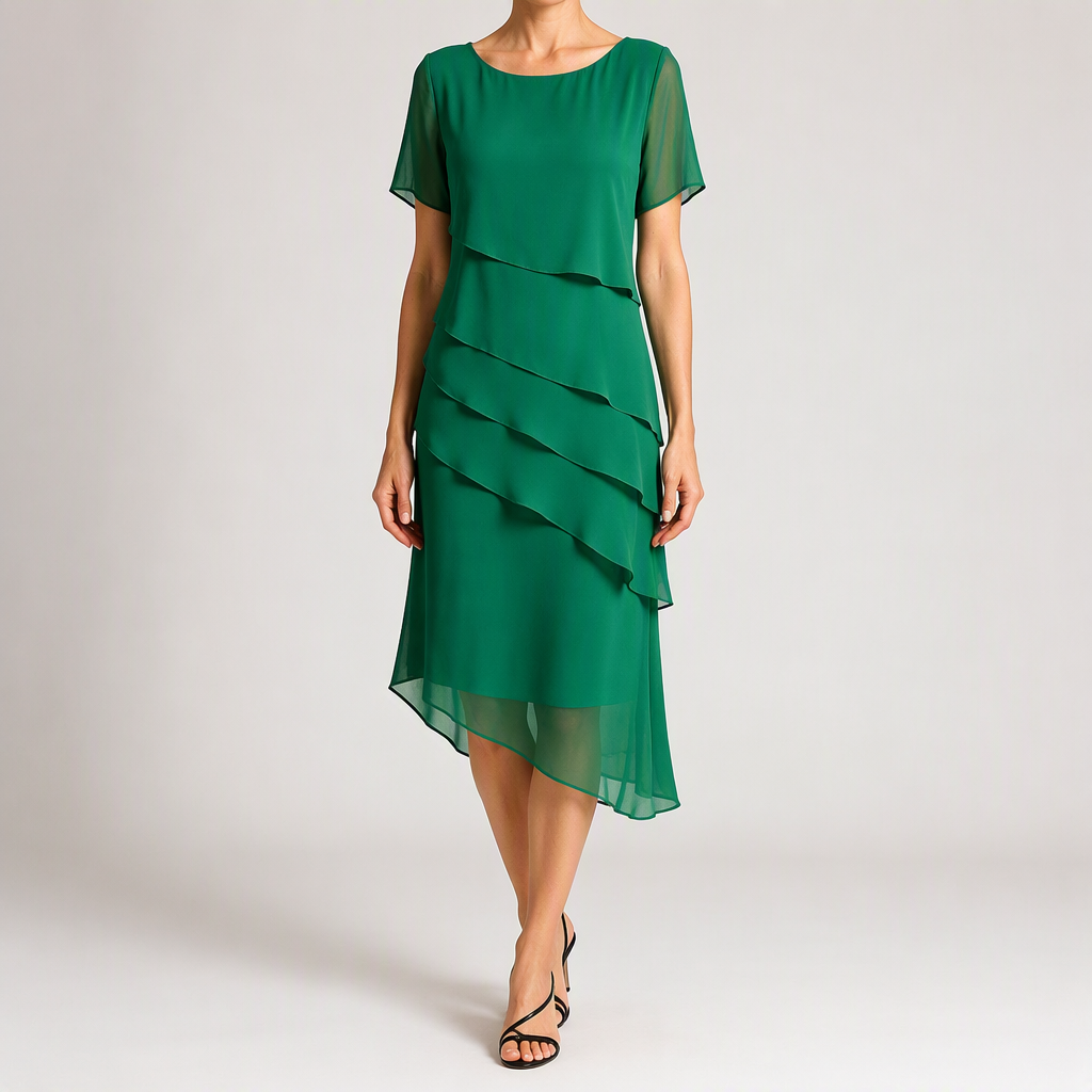 Yara | Womens Wedding Guest Chiffon Round Neck Short Sleeve Dresses, Green