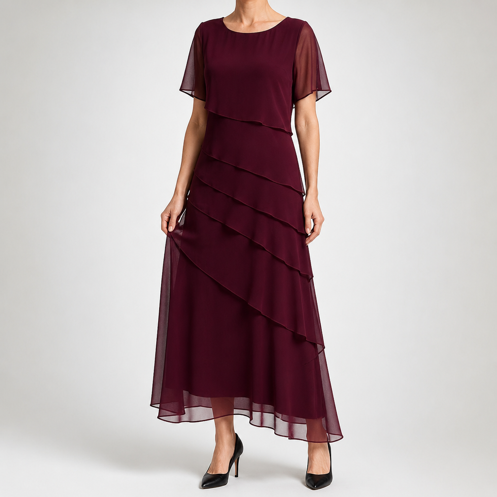 Yara | Womens Wedding Guest Chiffon Round Neck Short Sleeve Dresses, Wine Red
