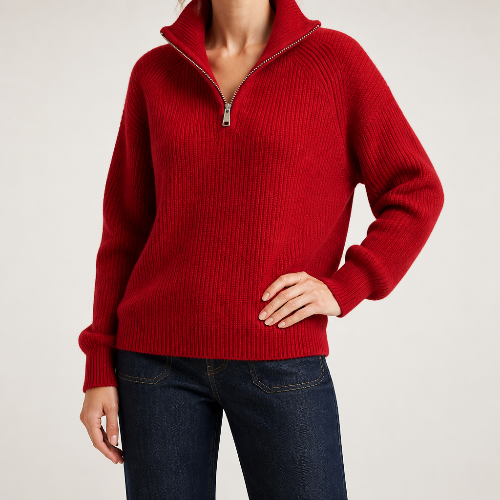 Zephyr | Womens Jumper Knitted Zip Up Loose Turtleneck Warm Sweater, Red
