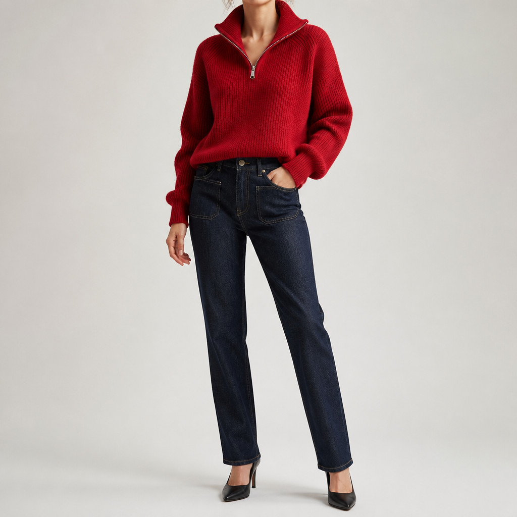 Zephyr | Womens Jumper Knitted Zip Up Loose Turtleneck Warm Sweater, Red